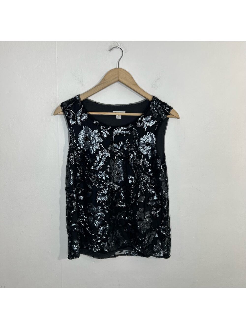 Garnet Hill‎ Black Silver Sequin Floral Sleeveless Top Scoop Neck Size Small